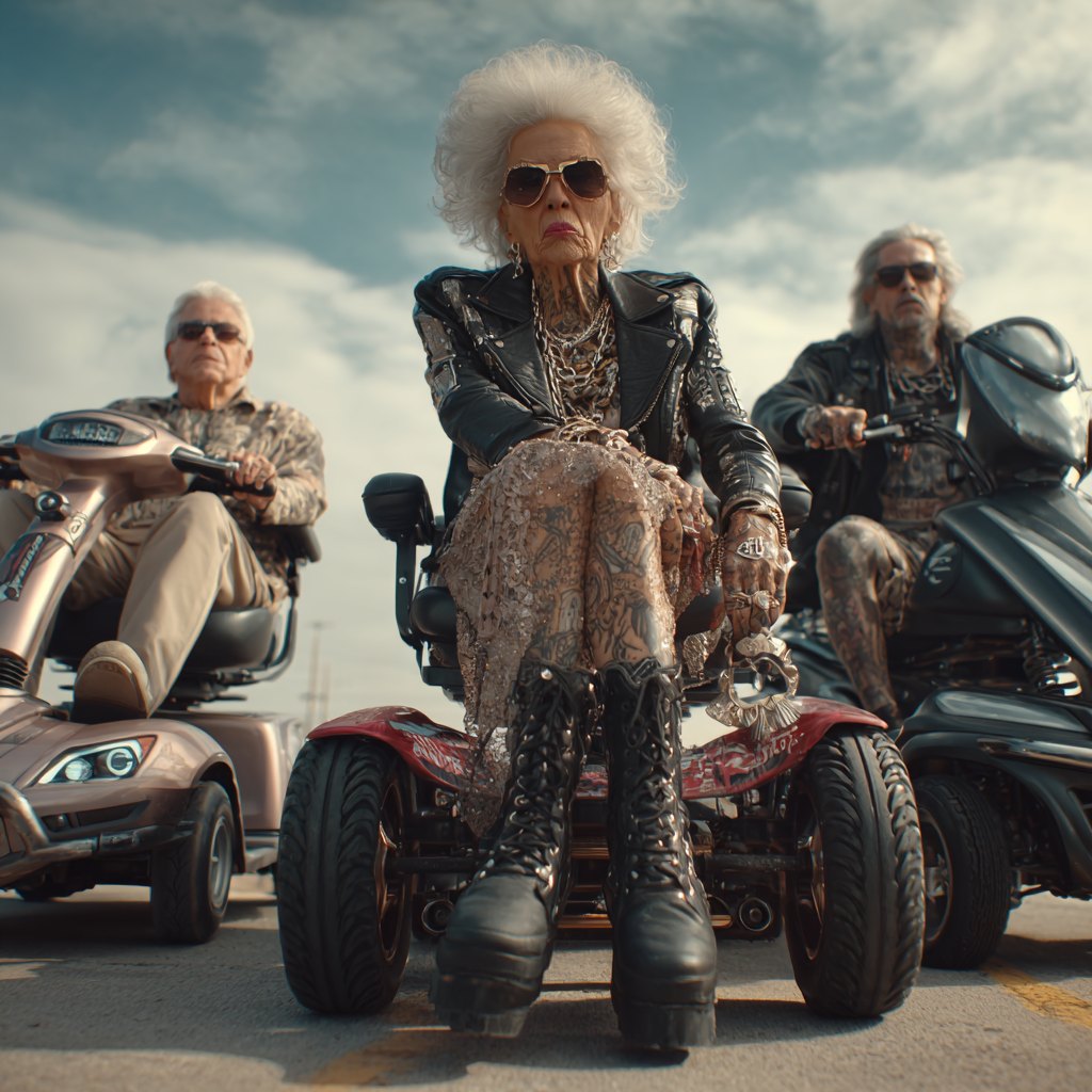 AI concept visual: three leather-clad seniors on customized mobility scooters, a white-haired woman in studs and platform boots at the center, photographed like an album cover